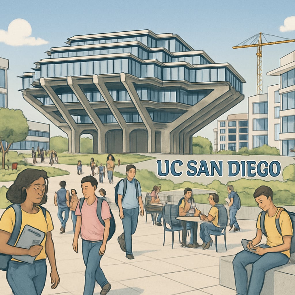 A bustling UC San Diego campus showcasing students and new facilities built for expansion. UC San Diego campus with students and expanded facilities reflecting enrollment growth.