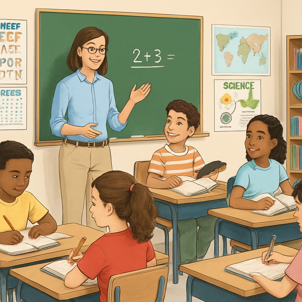 A classroom setting with diverse students and a teacher interacting, symbolizing K12 education. Classroom setting with diverse students and K12 educator engaging the class.