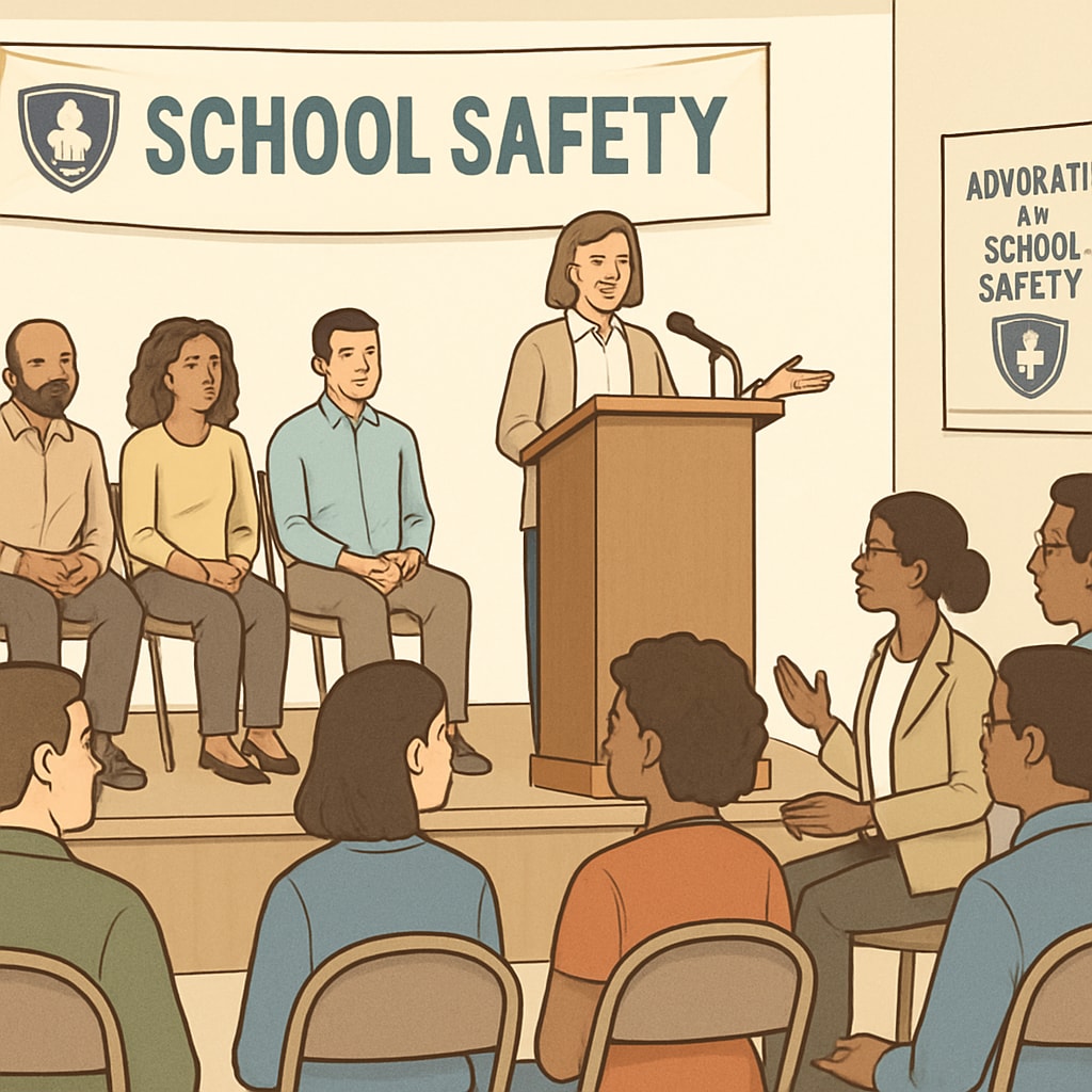 A town hall meeting where parents and community members are discussing safety policies for schools. The image represents collective action and advocacy. Town hall meeting discussing safety policies for schools