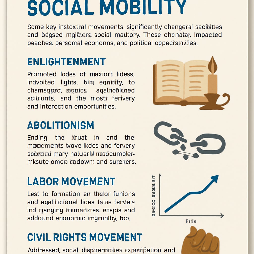 A close-up of a social studies textbook page discussing historical movements that shaped social mobility. Social studies textbook page highlighting historical movements and social mobility.