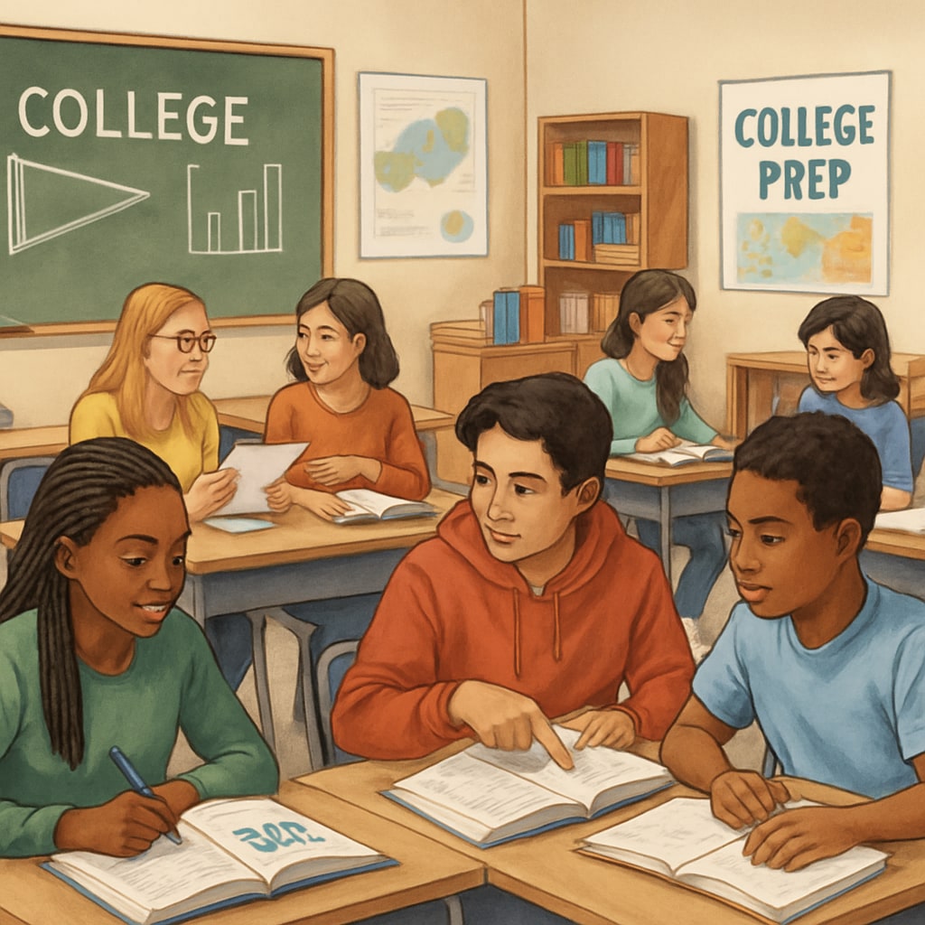 A K12 classroom with diverse students engaged in college prep activities. K12 classroom with students preparing for university admissions influenced by UC San Diego's growth.