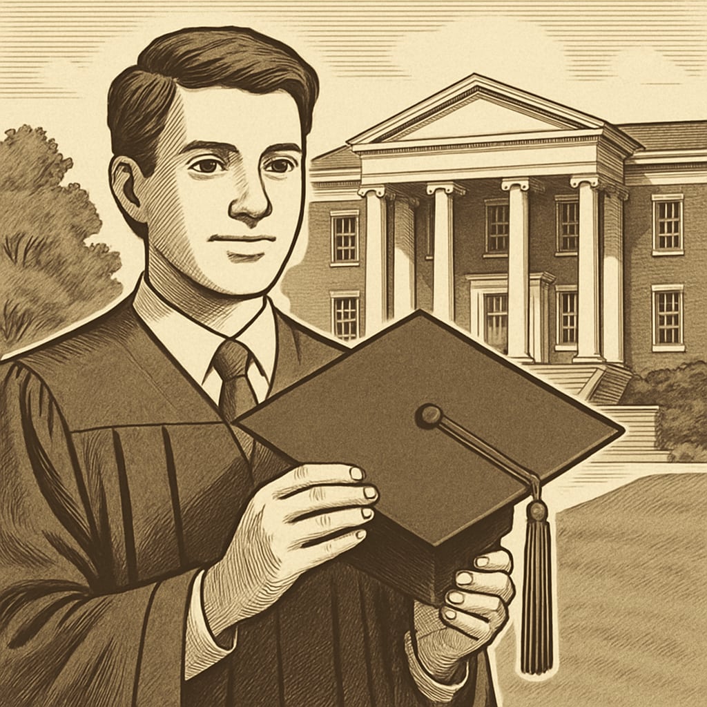 A student holding graduation cap in front of an American university building, symbolizing success in U.S. education. Student holding graduation cap in front of U.S. university building.