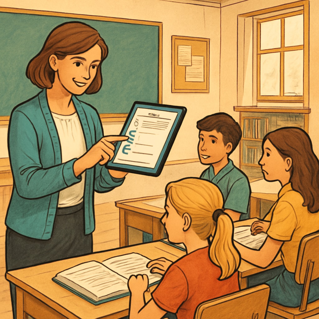 A teacher guiding students through an interactive assessment using a tablet in a classroom setting. Interactive testing session with students and a teacher using digital tools.