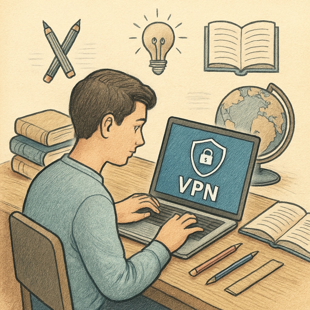 A student using a laptop with a VPN application open, symbolizing digital challenges in education. A student using a laptop with a VPN application open, representing the impact of UK age verification laws.