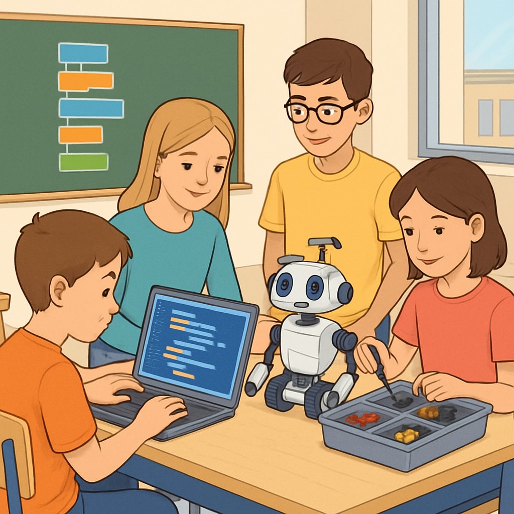 A classroom setting where students are engaged in hands-on technical education, such as coding or robotics. Students participating in hands-on technical education related to Career and Technical Education.