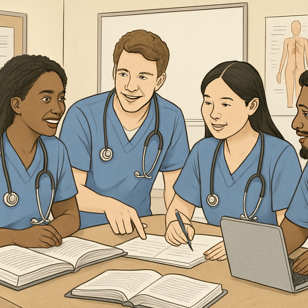 Nursing students working together in a study group to enhance their learning.