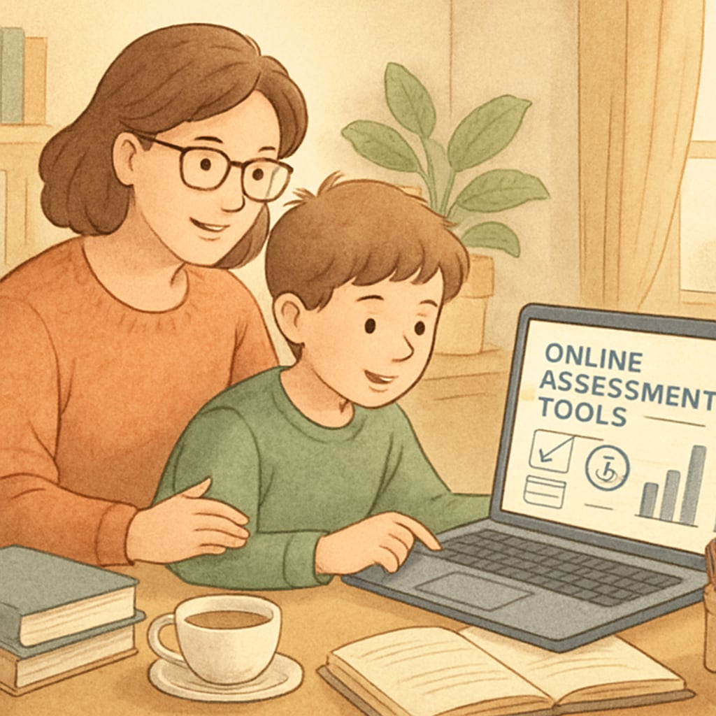 A parent and child reviewing online assessment tools at home, enhancing their learning interaction. Parent and child exploring quality testing resources at home.