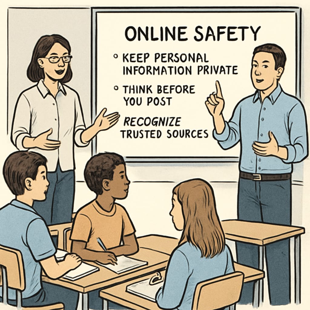 An educational workshop where teachers discuss online safety and responsible internet use with students. Teachers conducting a workshop on online safety and responsible internet use in schools.