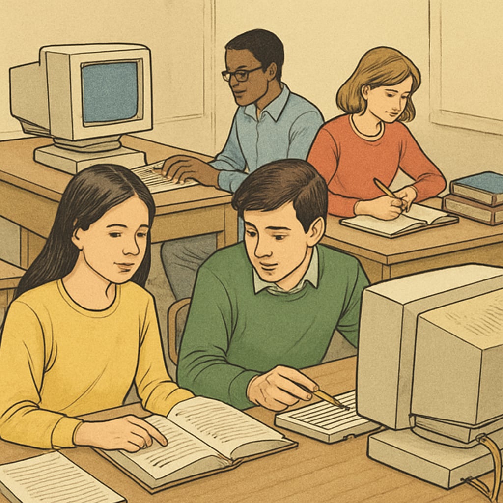 Students working in a computer lab, showcasing a blend of traditional academics and technical education. Students blending traditional academics with technical education in a computer lab setting.