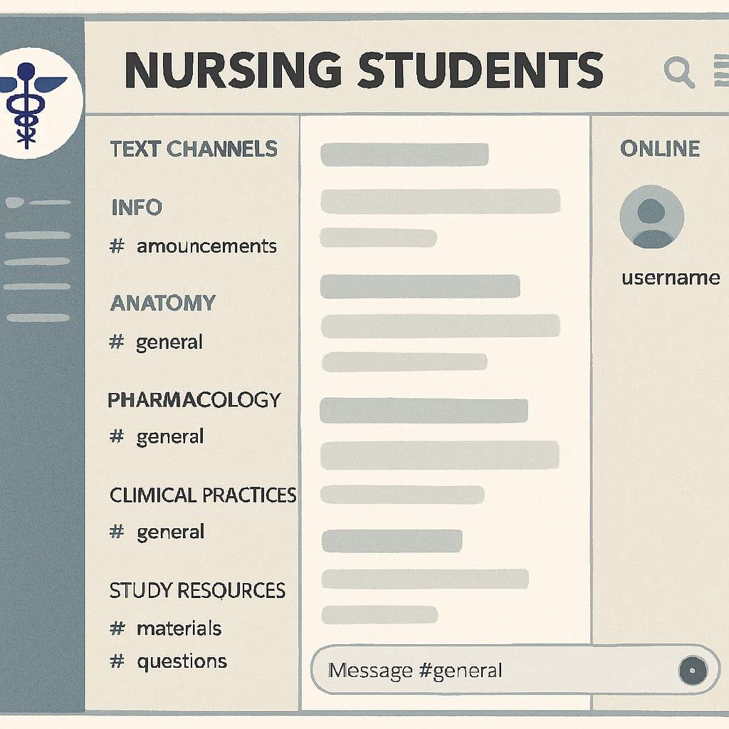 A Discord server for nursing students with organized channels for study and collaboration.