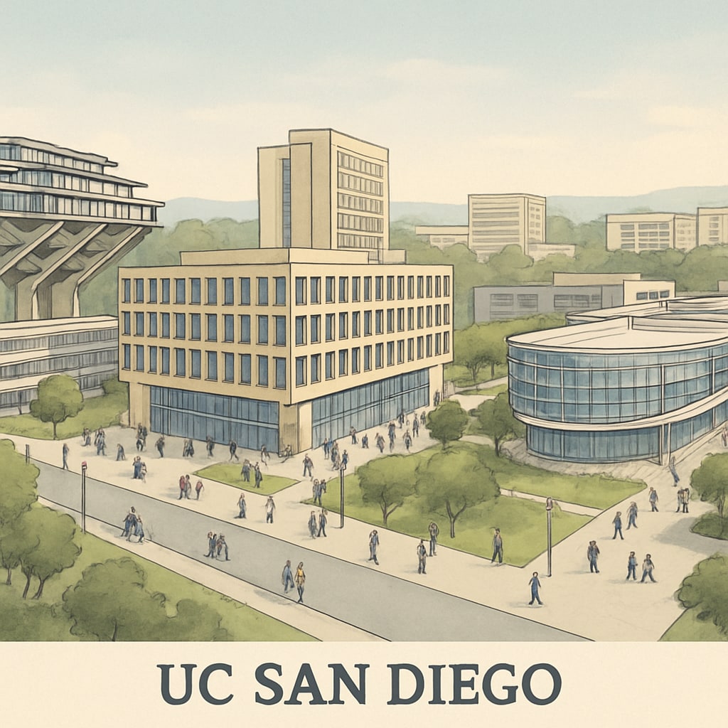 A panoramic view of UC San Diego campus, showcasing its modern architecture and student facilities. This image highlights the scale and ambition of the expansion. UC San Diego campus expansion, modern architecture and facilities
