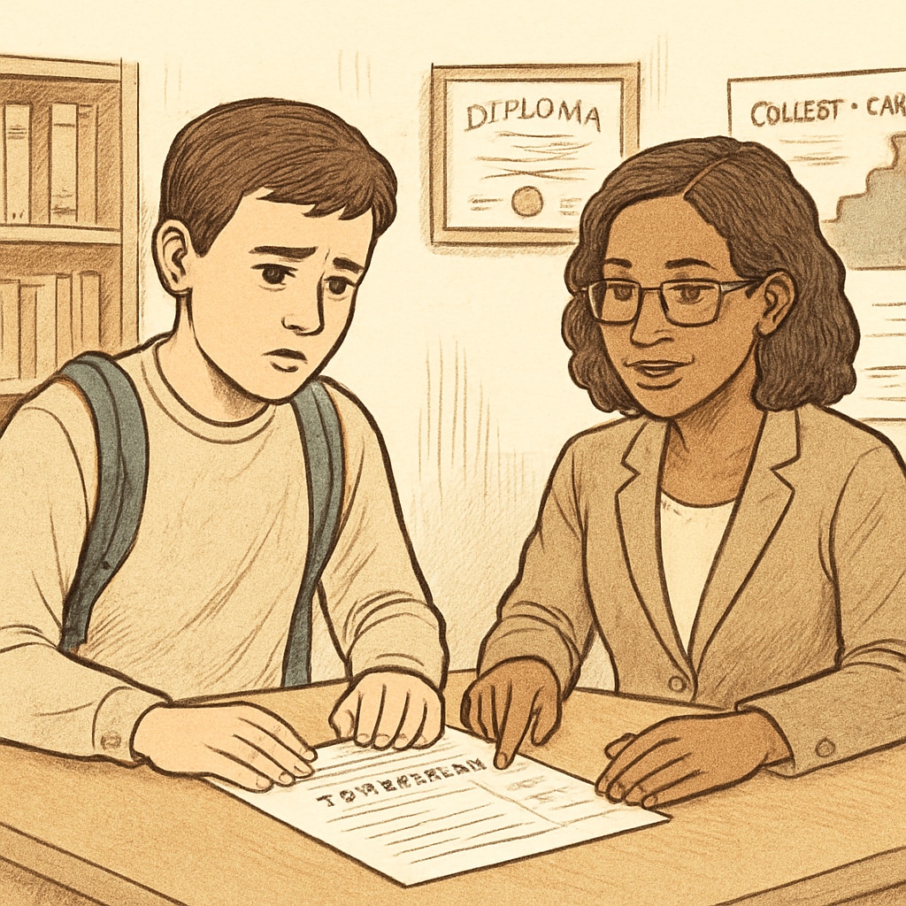 A concerned high school student meeting with a school counselor to review their transcript. High school student discussing credit deficiency with a counselor.