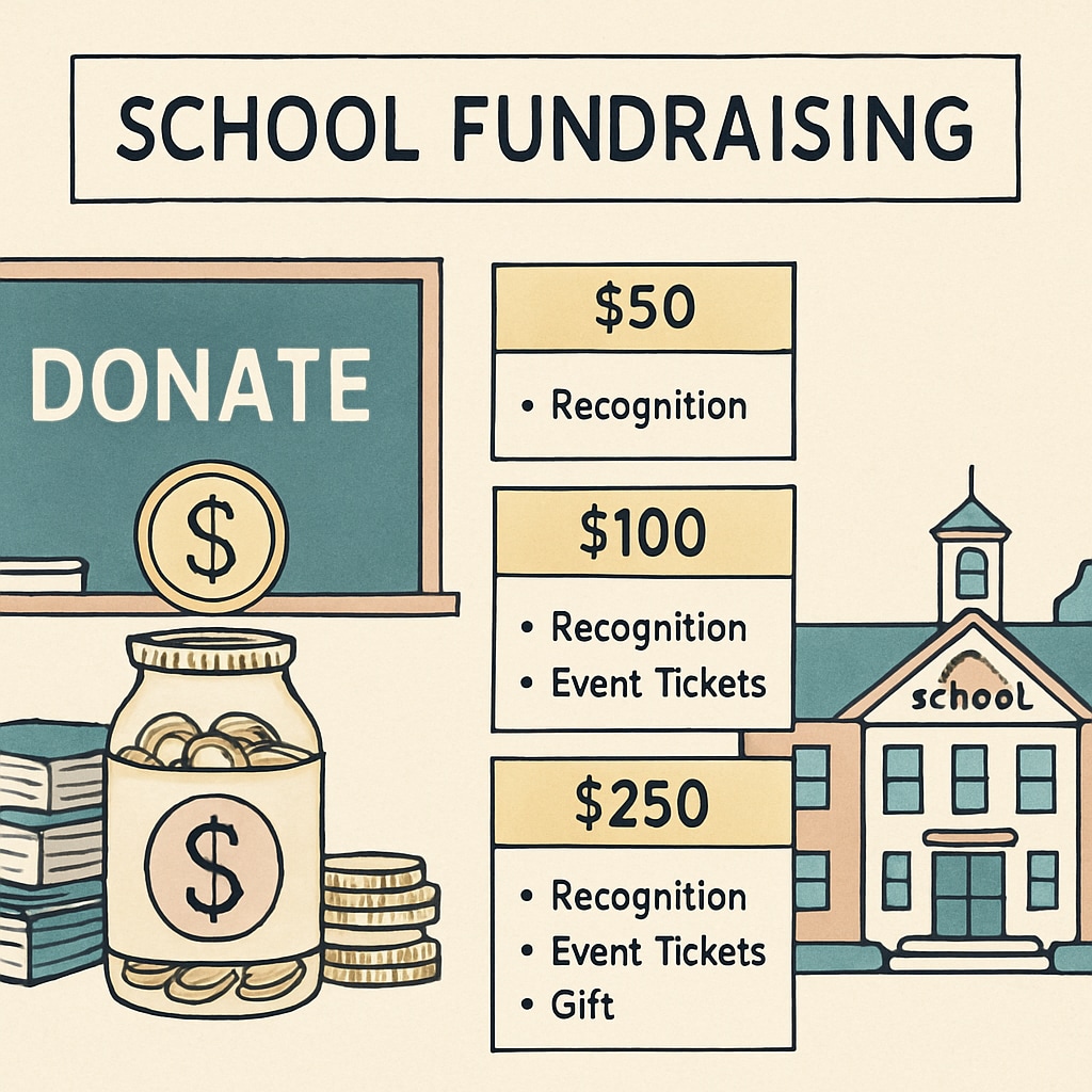 A school fundraising event showcasing donation tiers with varying privileges for contributors. The image should reflect a clear distinction between tiers and highlight donations prominently. School fundraising event with donation tiers emphasizing privileges based on contributions.