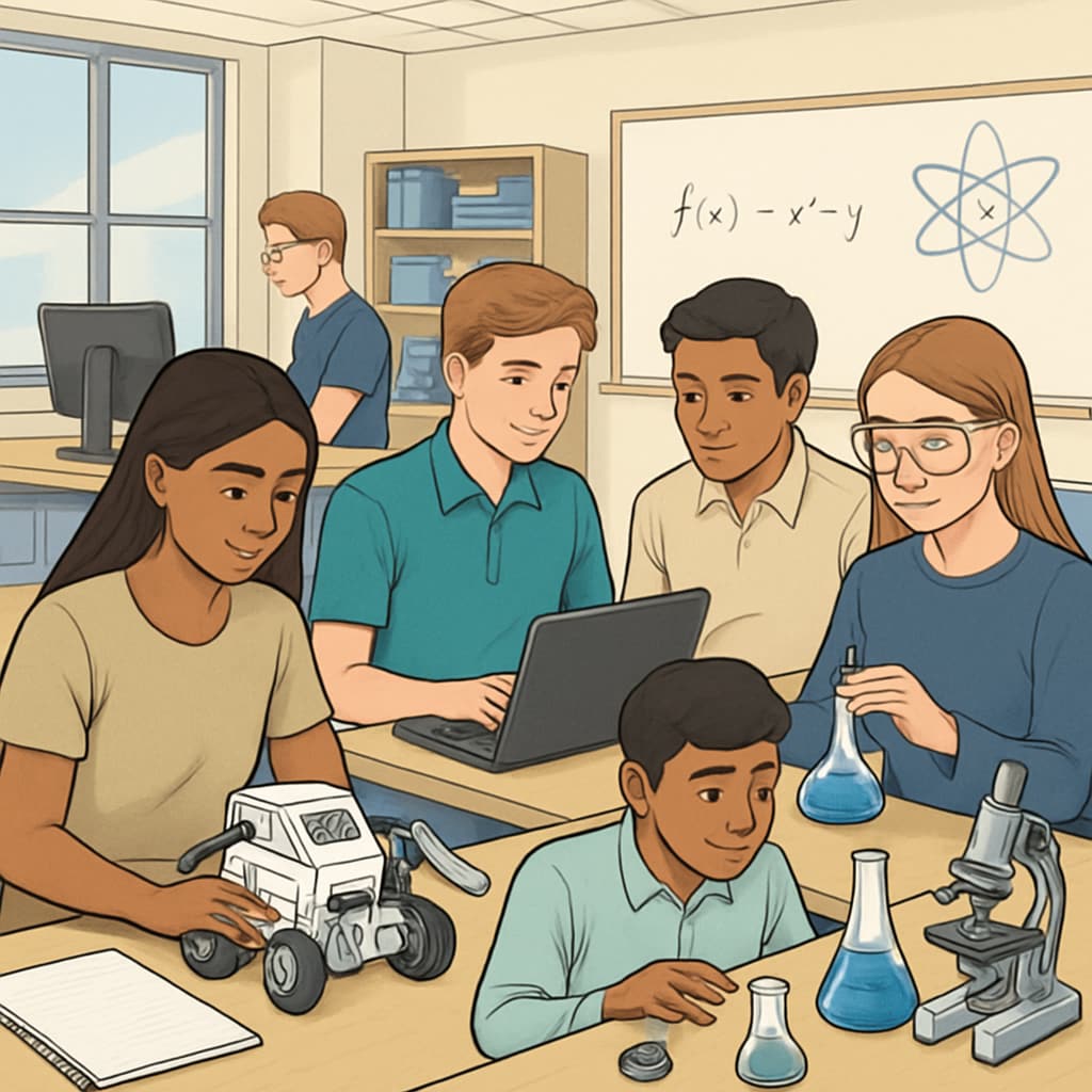A group of high school students in a modern classroom, engaging in STEM-related activities. This image emphasizes the importance of K12 preparation for higher education. High school students in STEM-related activities, preparing for college