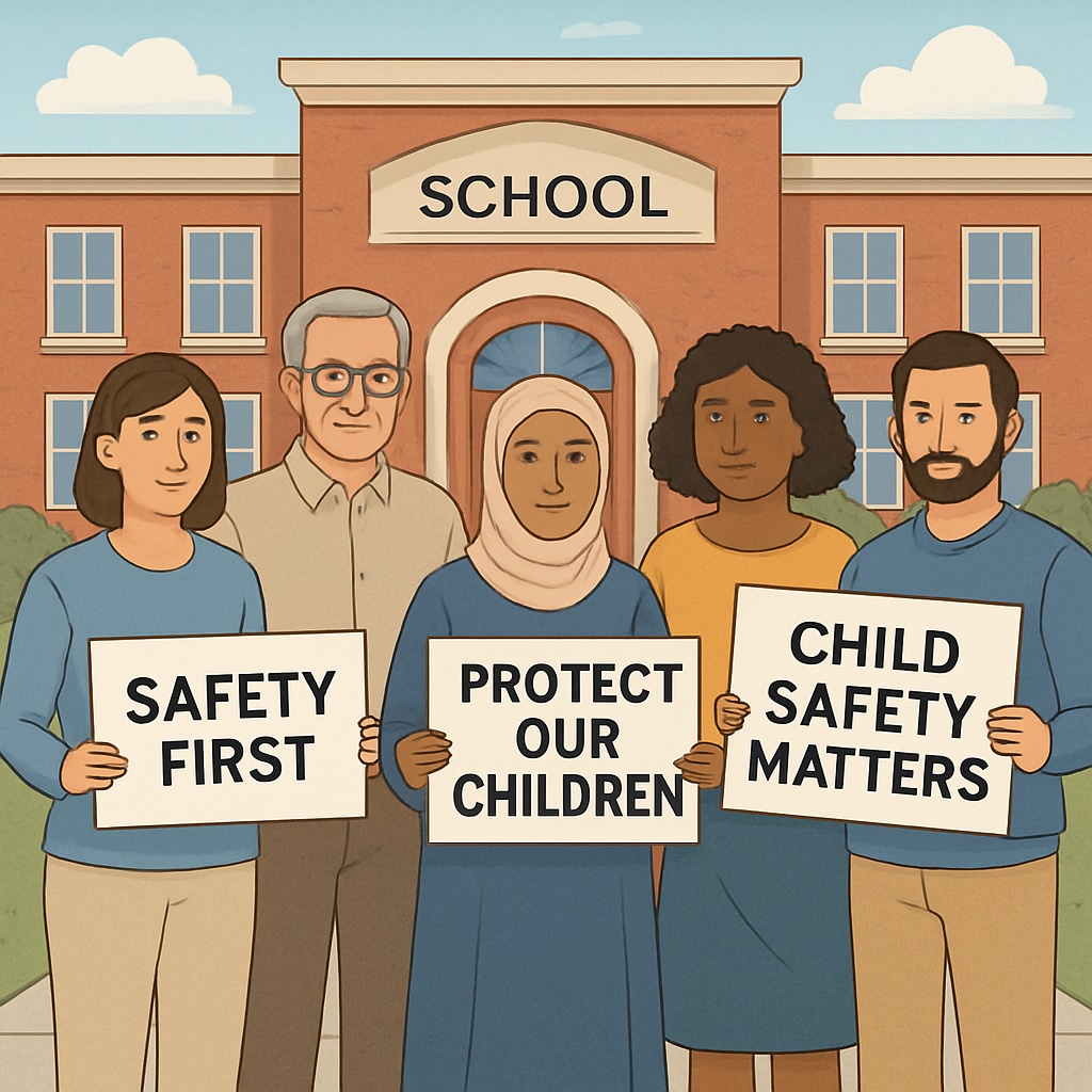 Community members advocating for child safety at a school board meeting.