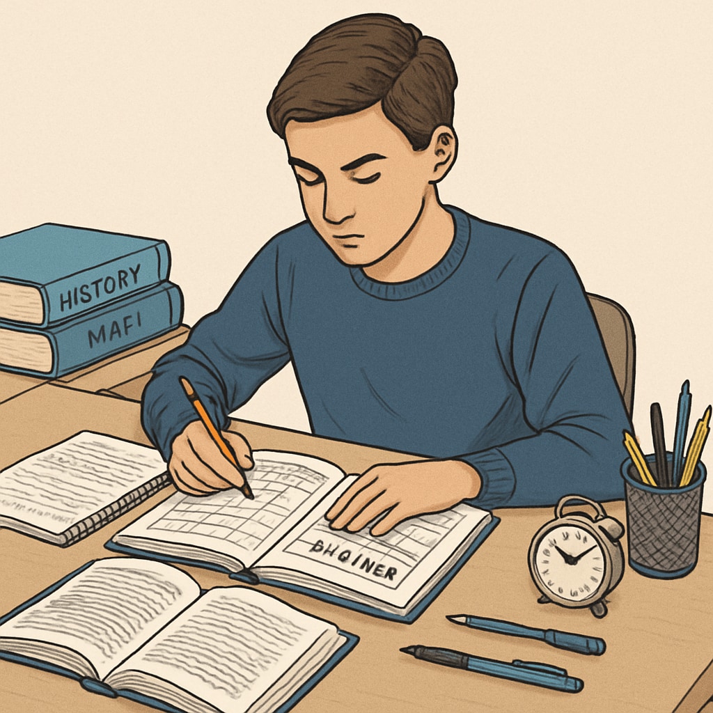High school student studying at a desk with textbooks and a planner, demonstrating effective time management. Student managing time for credit recovery and high school success.