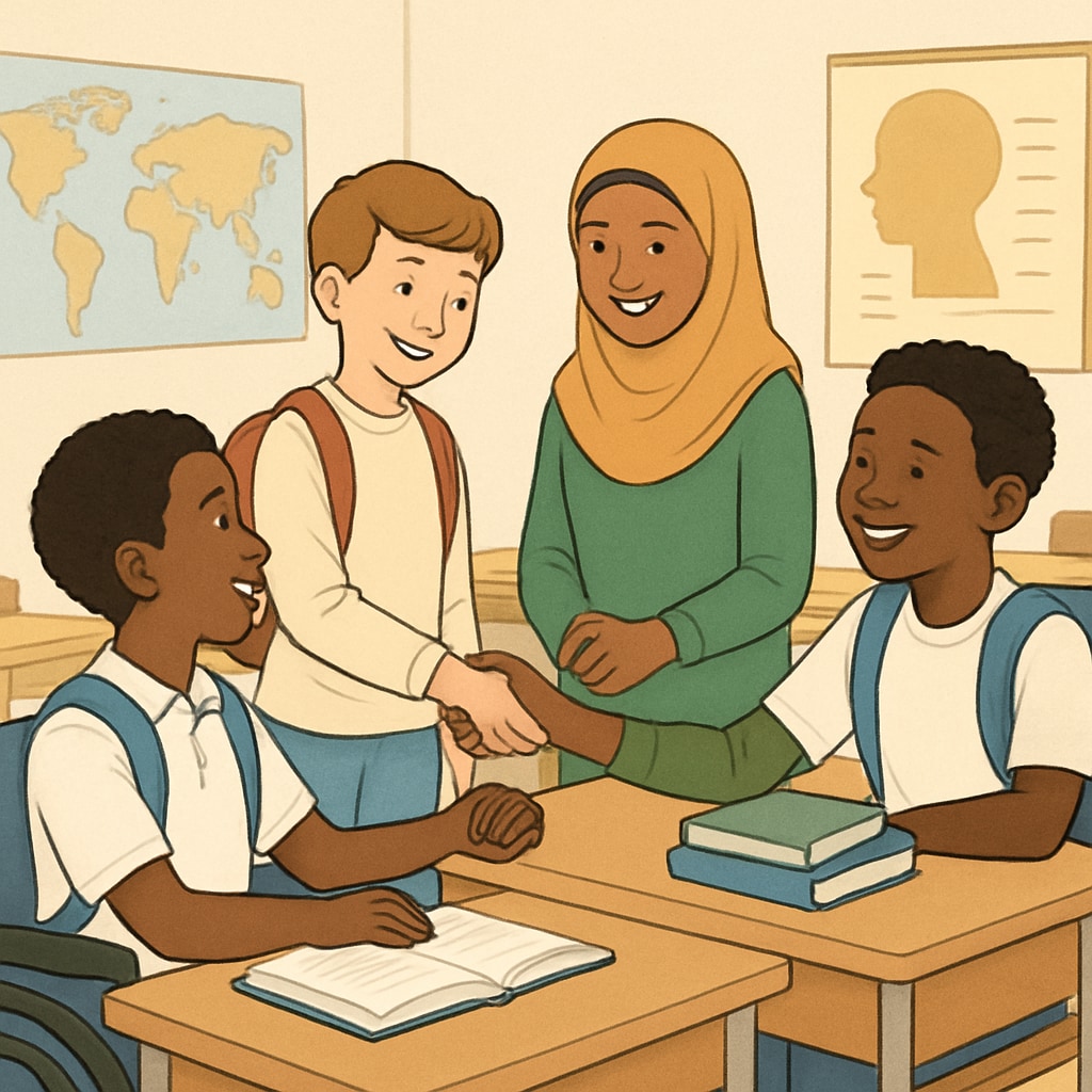 Students from diverse backgrounds interacting in a school setting, emphasizing inclusivity and equity. The image should convey a positive atmosphere of social cohesion and mutual respect. Diverse students interacting in school to promote inclusivity and equity.