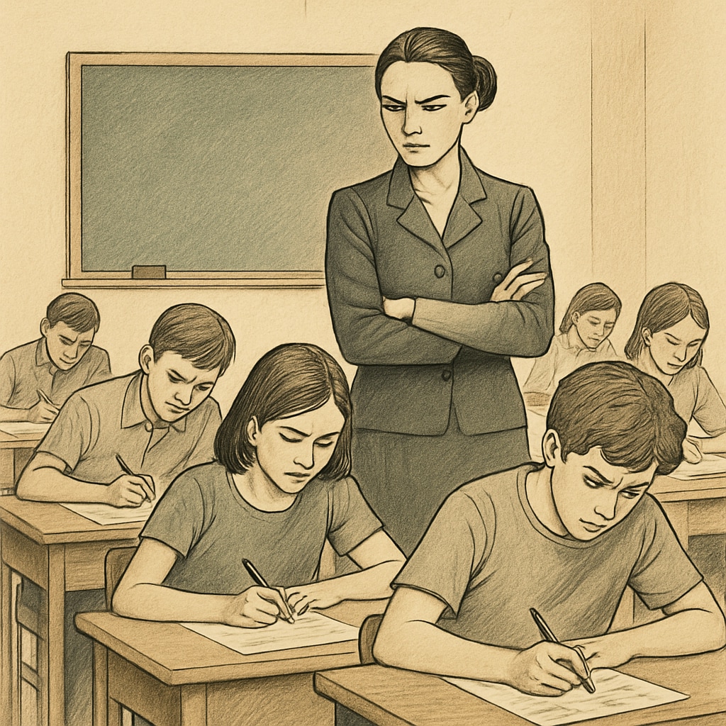 A classroom scene with a strict teacher supervising students under pressure. Strict teaching methods in education illustrated by a classroom scenario.