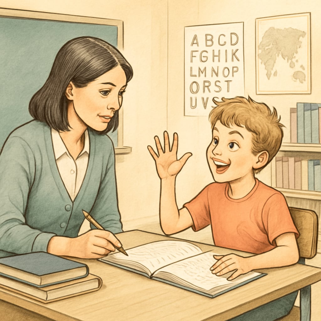 A classroom setting where a teacher works one-on-one with a child who appears engaged and energetic, illustrating the potential for individual evaluation in identifying gifted ADHD students. Teacher assisting an ADHD student in a classroom, highlighting the importance of alternative evaluations for gifted programs.