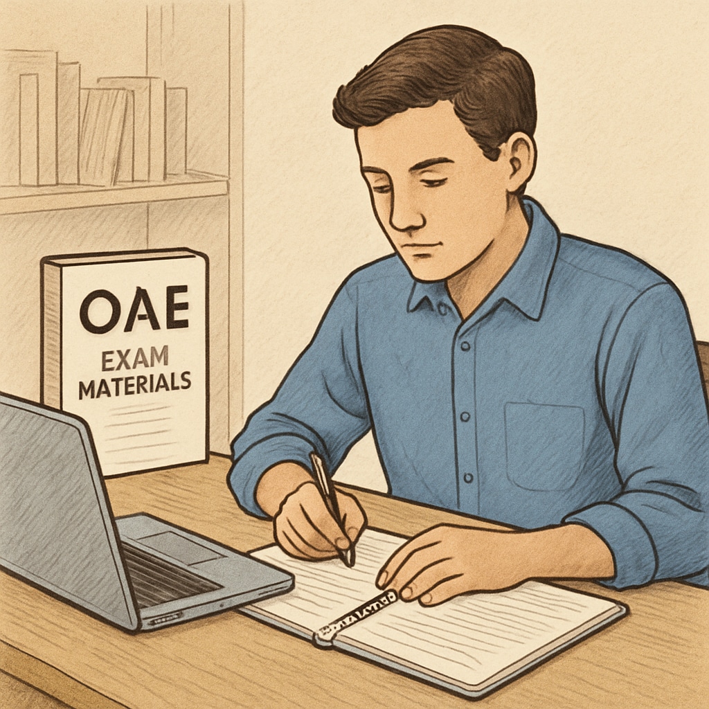 A student reviewing OAE exam materials with a notebook and laptop. Student studying for OAE exam with preparation materials.