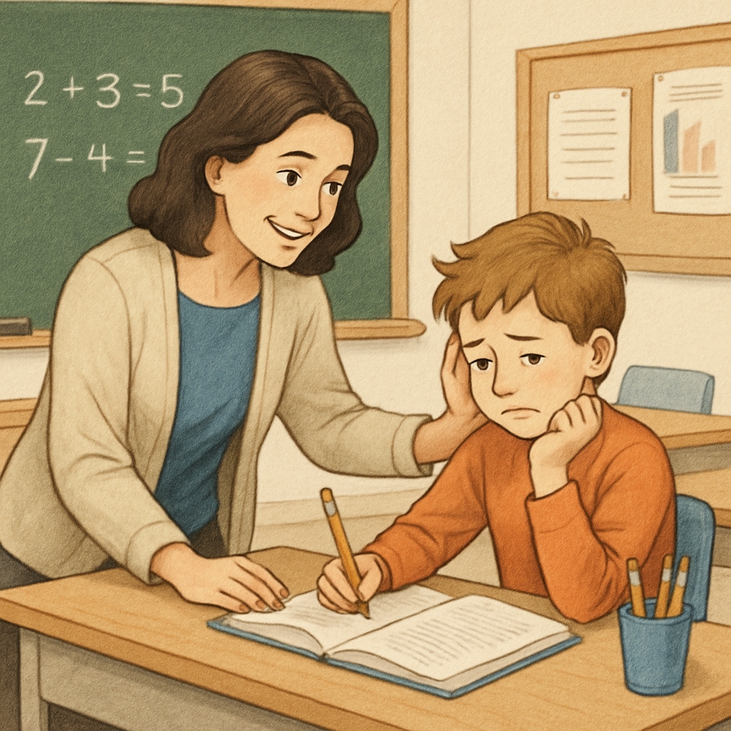 A teacher offering encouragement to a struggling student in a classroom. Emotional care in education shown through a teacher helping a student.