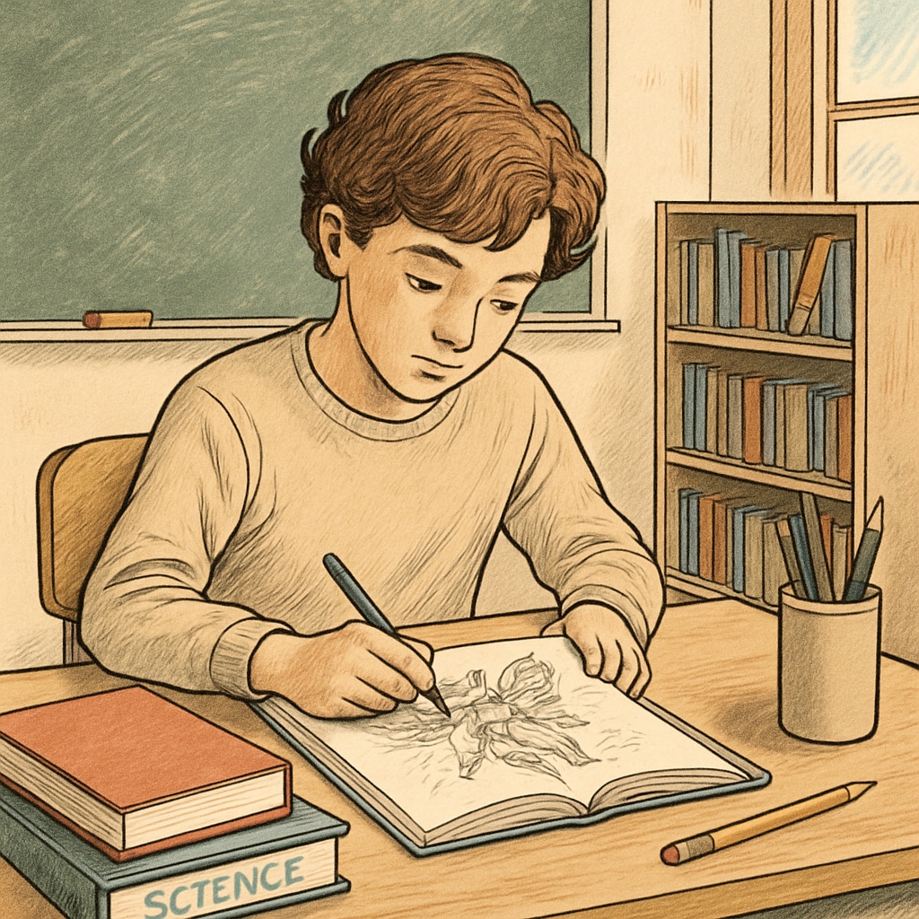 A student sketching a detailed illustration during class, symbolizing creative potential that standardized tests often overlook. ADHD student creating artwork, representing talents that standardized tests fail to measure.