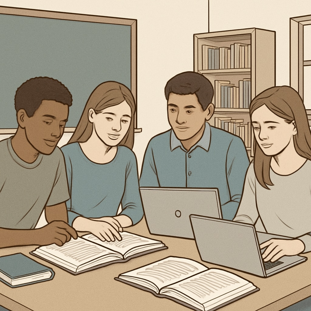 A group of students studying together with textbooks and laptops. Group study session for OAE exam preparation.