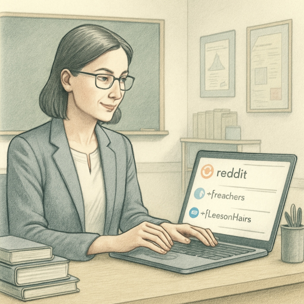 Teacher using Reddit on a laptop to explore education-focused subreddits like r/Teachers.