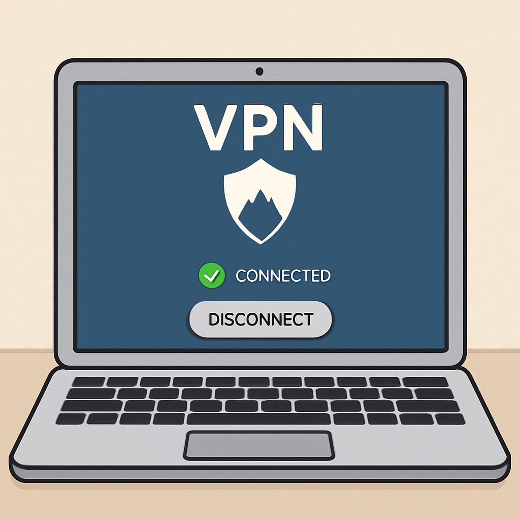 A laptop screen displaying a VPN app interface, suggesting secure internet browsing. VPN app interface on a laptop screen, symbolizing secure browsing.