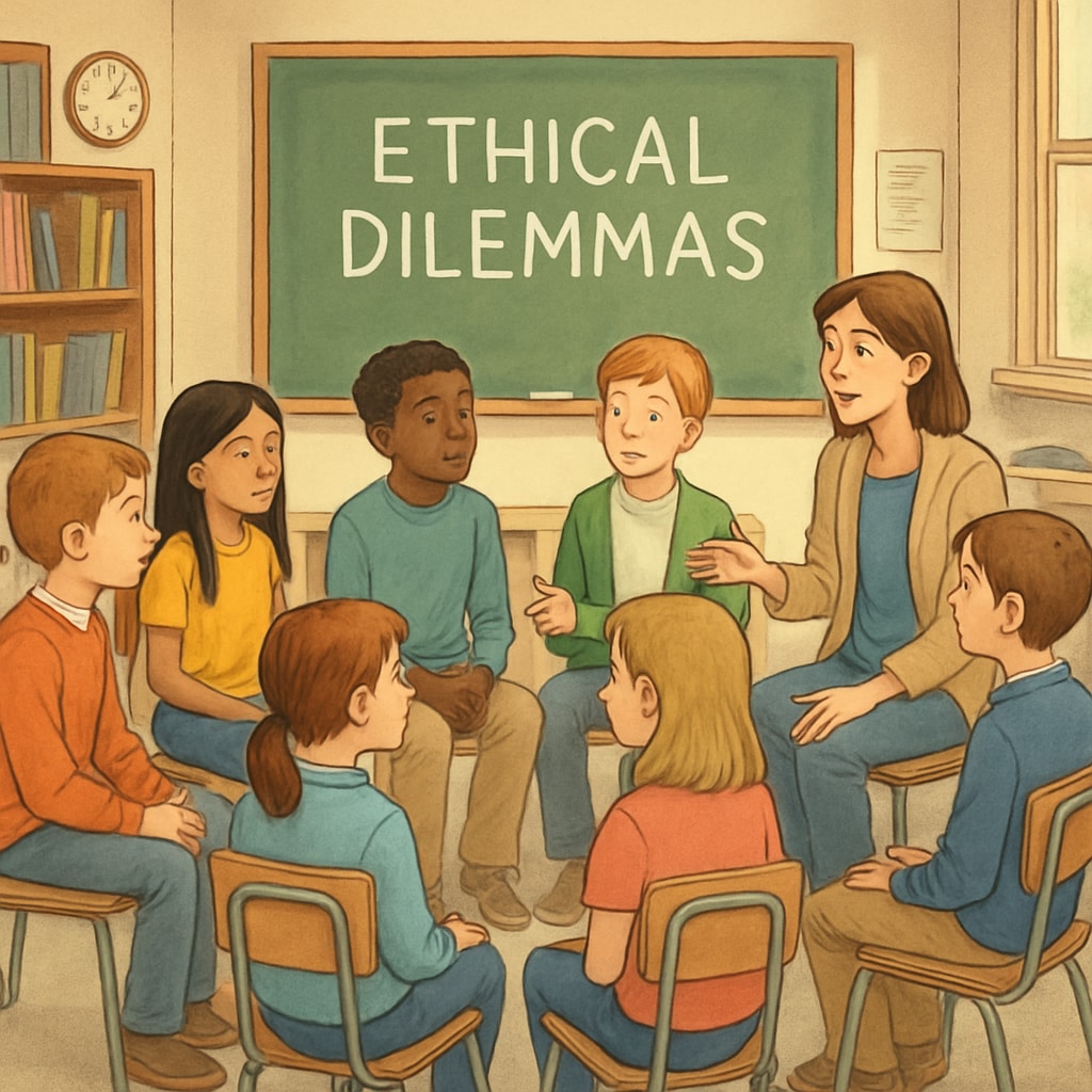 Students discussing ethical dilemmas in a classroom setting as part of philosophy learning.