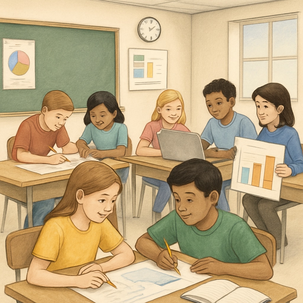 A classroom where students collaborate on group projects, illustrating alternative assessment methods. Students working together in a classroom, showcasing diversified learning evaluations.