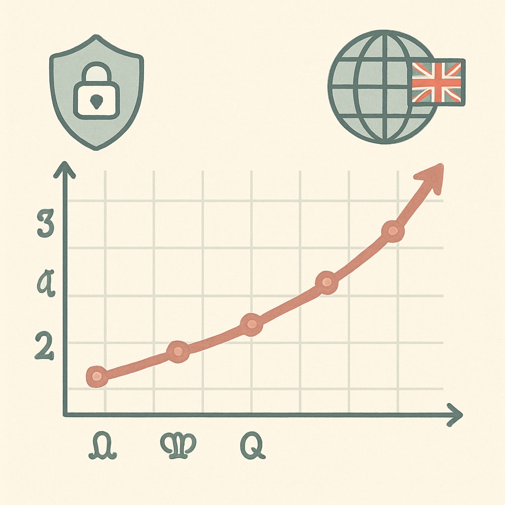 A graph showing the increase in VPN subscriptions in the UK over time. A graph illustrating the rise in VPN subscriptions among UK users.