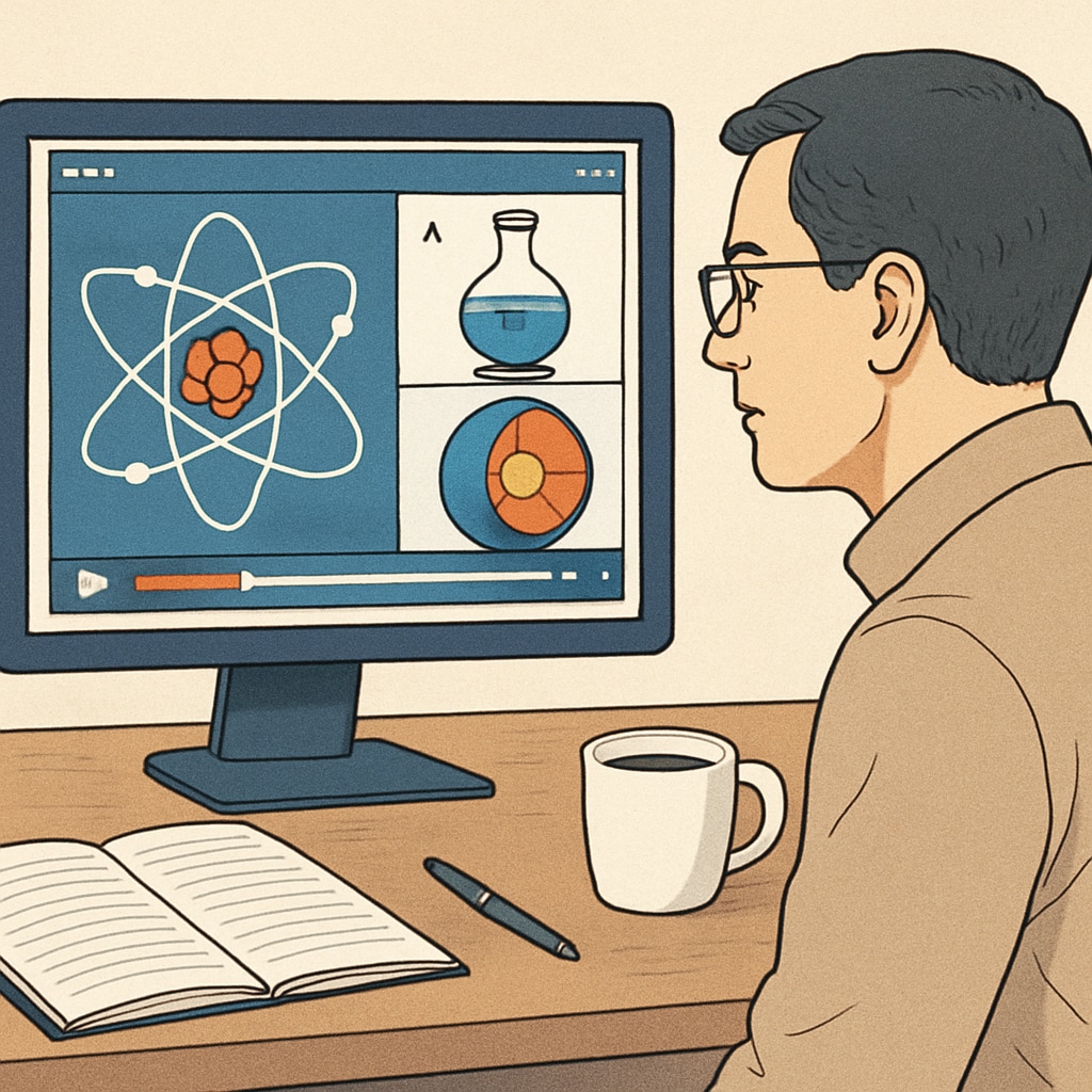 An adult learner watching an interactive science video, showing engagement with tools like CrashCourse. An adult learner studying science through interactive videos.