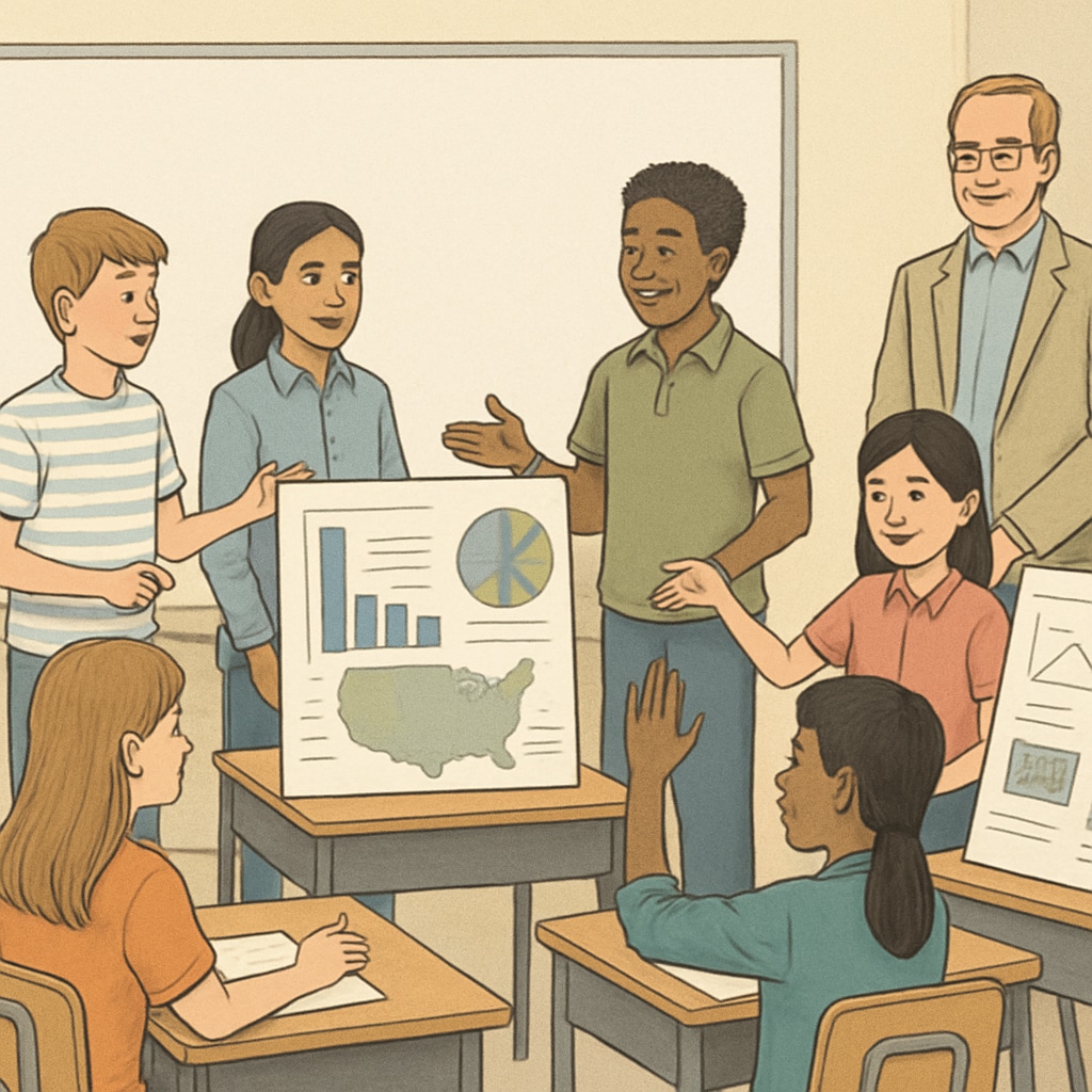 Students presenting group projects in a classroom setting, representing performance-based assessment. Students giving presentations as part of performance-based evaluations in K12 education.