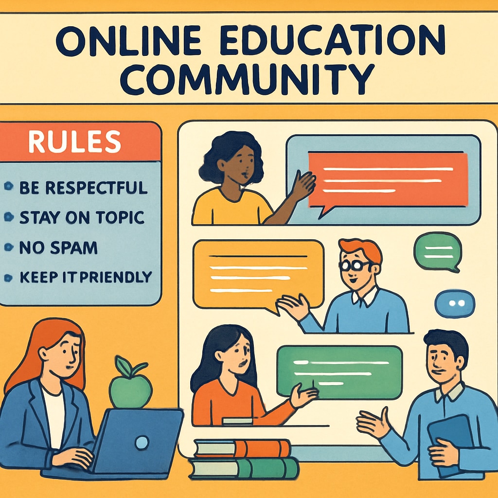 A vibrant online education community forum interface, showcasing clear rules and active discussions among educators. Online education community forum with clear rules and discussions.