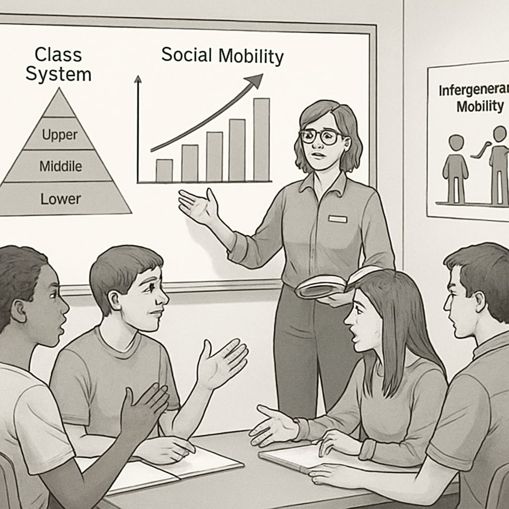 A classroom setting where a teacher explains social mobility concepts using charts and visual aids. The image highlights students engaging in a discussion about class systems and mobility. Classroom discussion on social mobility with visuals explaining class systems.