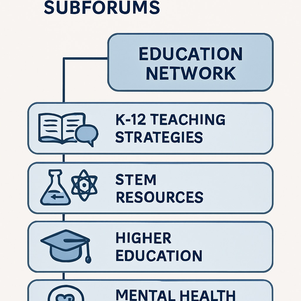 A breakdown of subforums within an education network, highlighting categories like K12 teaching strategies, STEM resources, and mental health support. Subforums in an education network for K12 resources.
