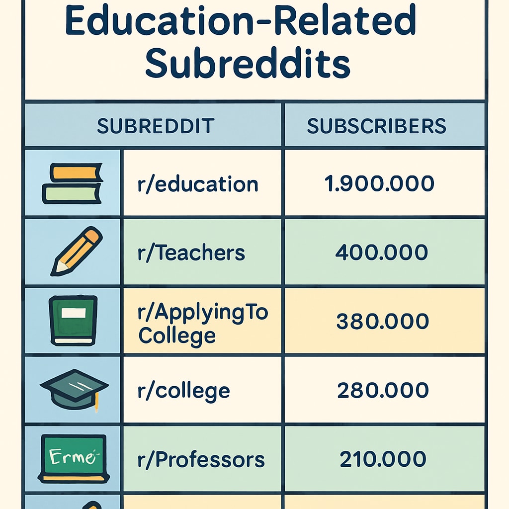 Infographic of top education subreddits and their subscriber counts.