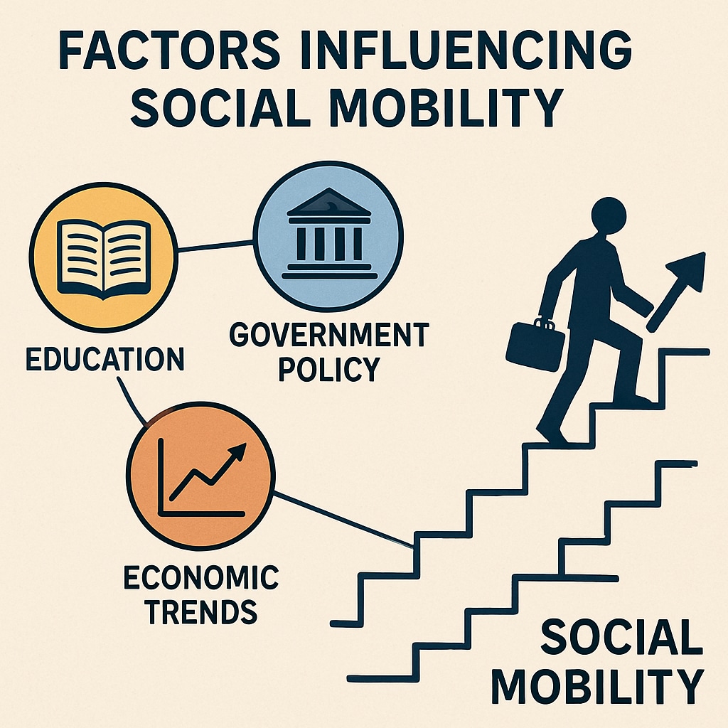 A visual diagram showing factors influencing social mobility, including education, government policy, and economic trends. The image connects to the role of balanced sociology education. Diagram illustrating upward and downward social mobility factors.