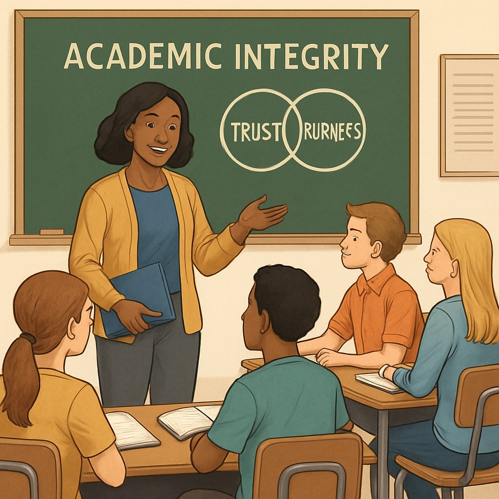 A classroom setting where a teacher is discussing academic integrity with students, emphasizing trust and fairness. Teacher explaining academic integrity to K-12 students to foster trust and fairness.