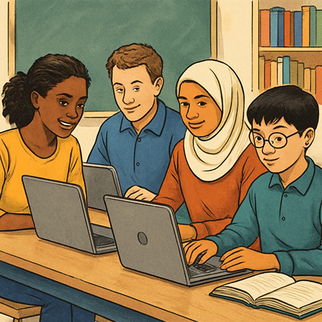 Diverse students studying online for affordable international degrees.