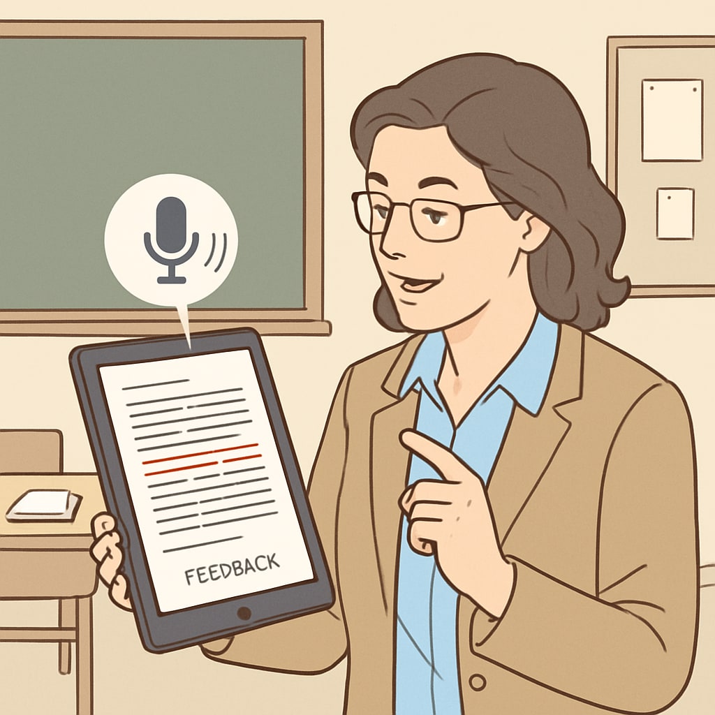 Teacher providing feedback using speech-to-text technology like WillowVoice.