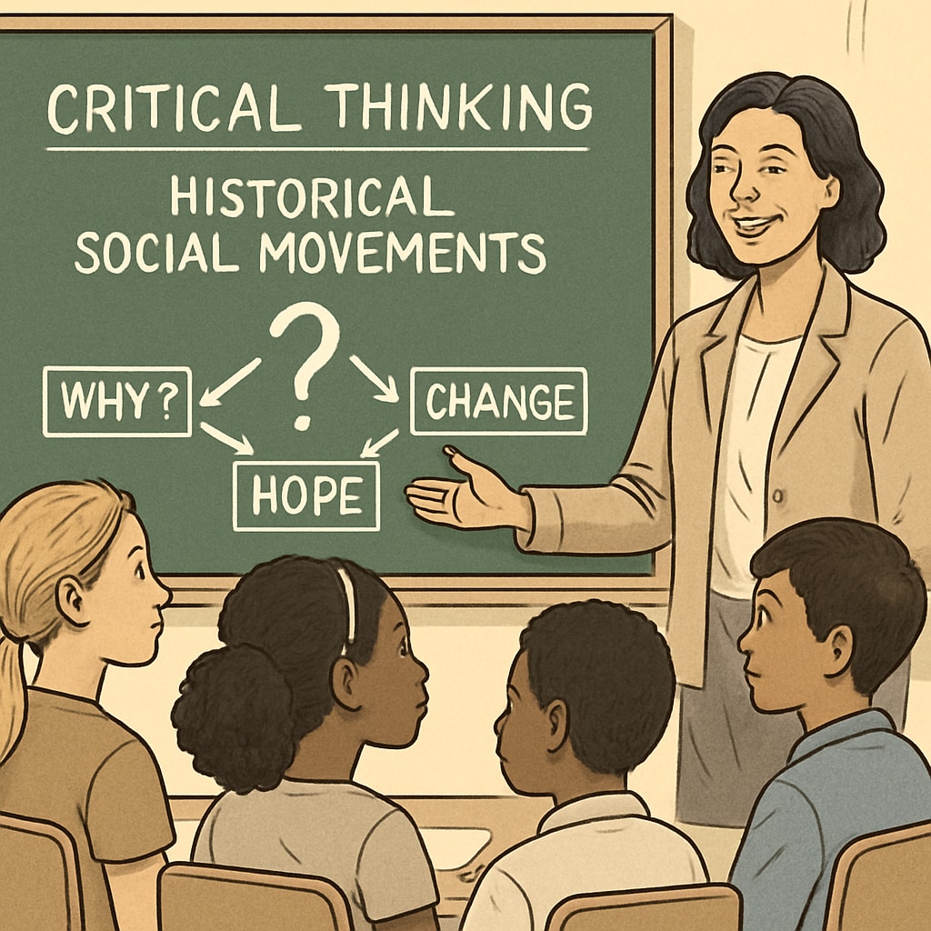 A teacher leading a critical thinking activity on social movements.