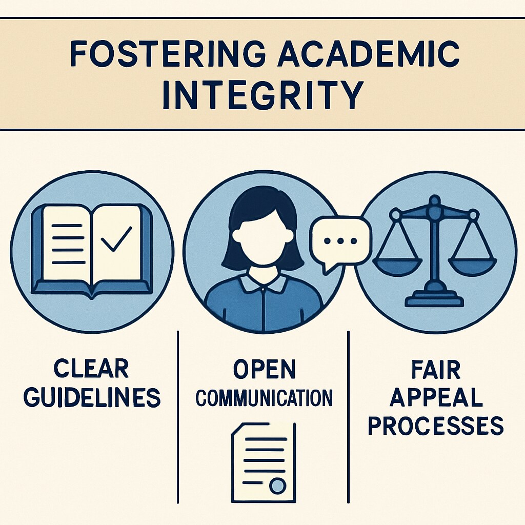 An infographic showing steps to foster academic integrity, including clear guidelines, open communication, and fair appeal processes. Infographic detailing steps to enhance academic integrity in K-12 education.