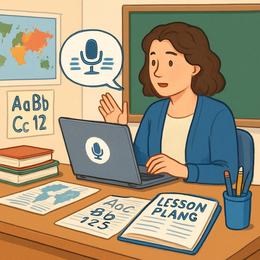 Teacher planning lessons with speech-to-text technology to save time.