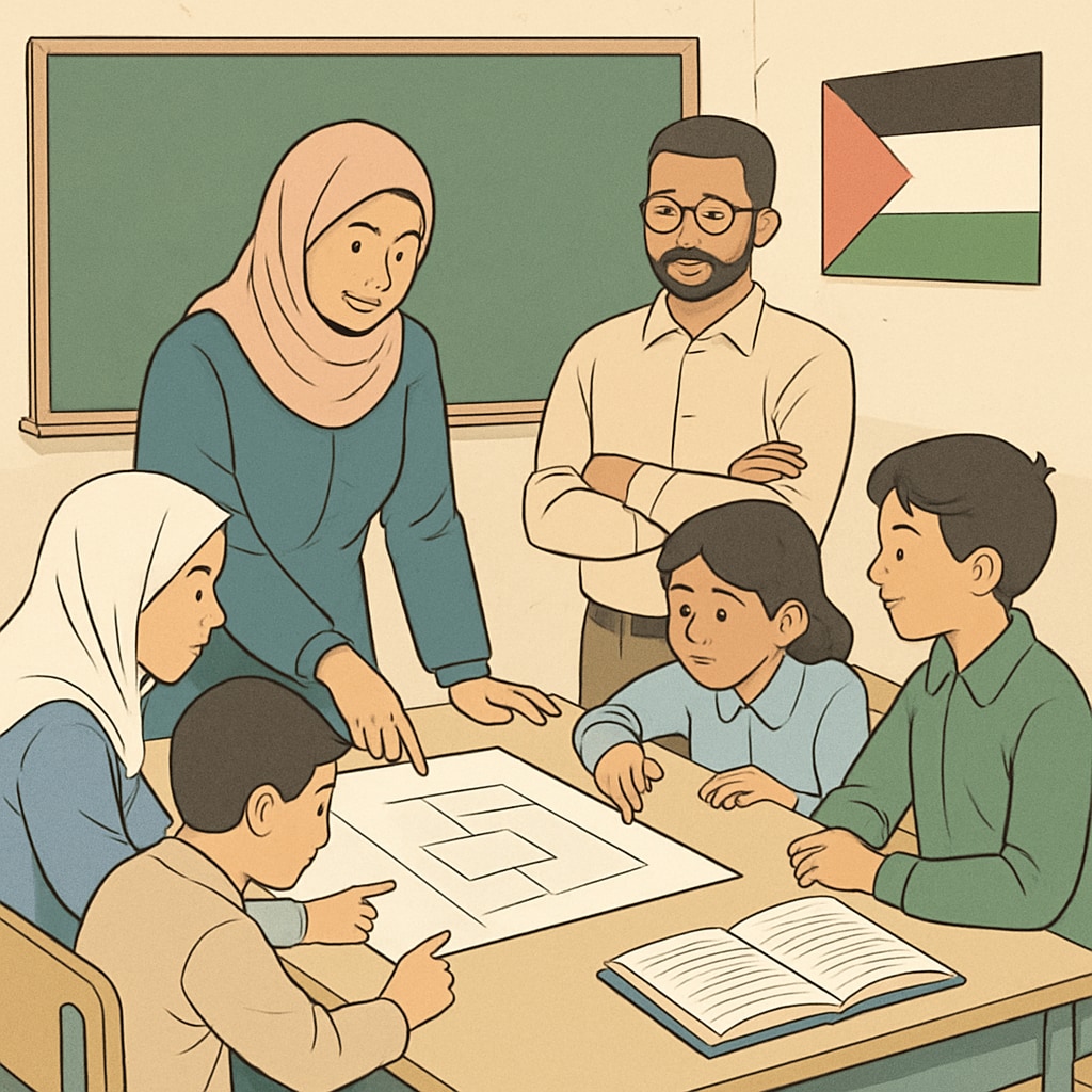 A classroom in Gaza with students and teachers engaging in a collaborative learning activity. This image represents the importance of interactive teaching methods in post-conflict education. Gaza classroom with students and teachers collaborating