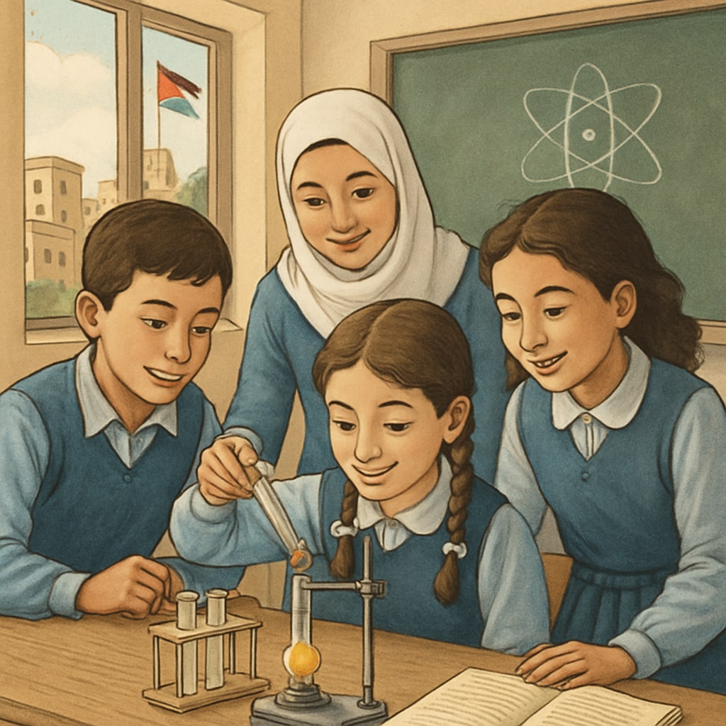 Students in a Gaza classroom participating in a science lesson.