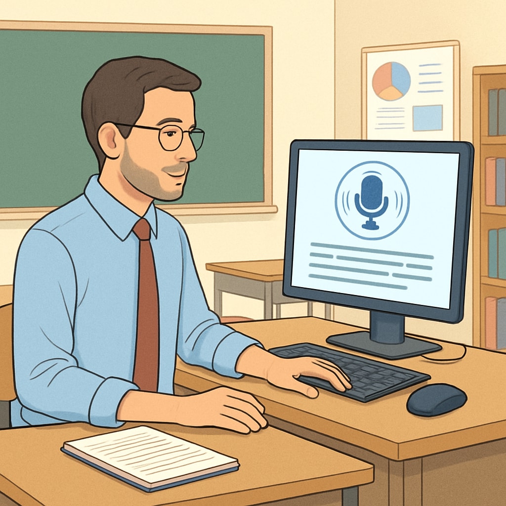 Teacher using voice recognition software for transcription tasks, related to WillowVoice.