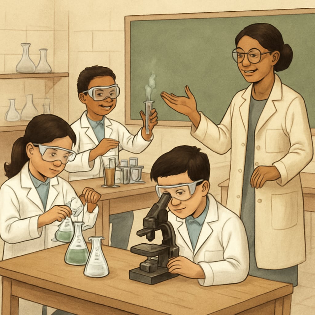 A science lab activity in a school, with students conducting experiments under teacher supervision. This image highlights the role of science education in fostering innovation in resource-limited settings. Science lab activity in a Gaza school