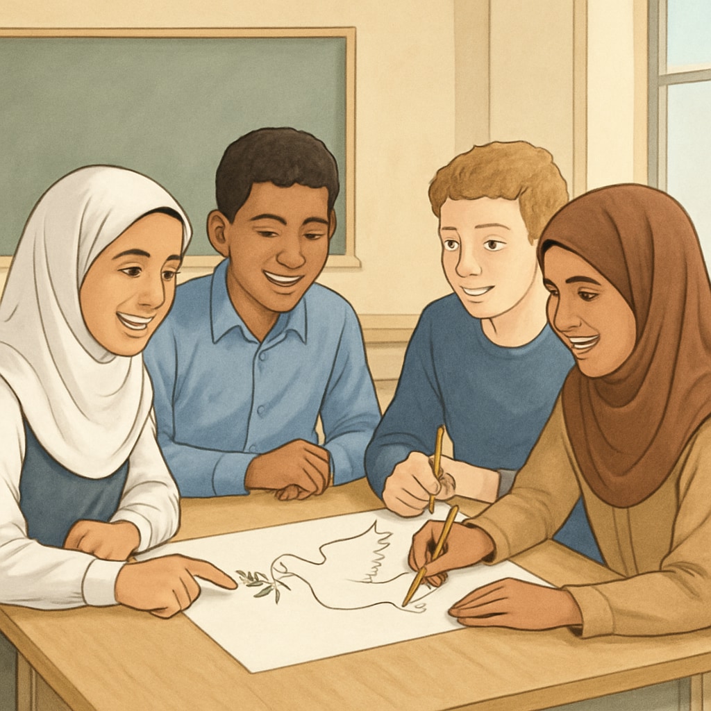Students in Gaza collaborating on a peace education project.